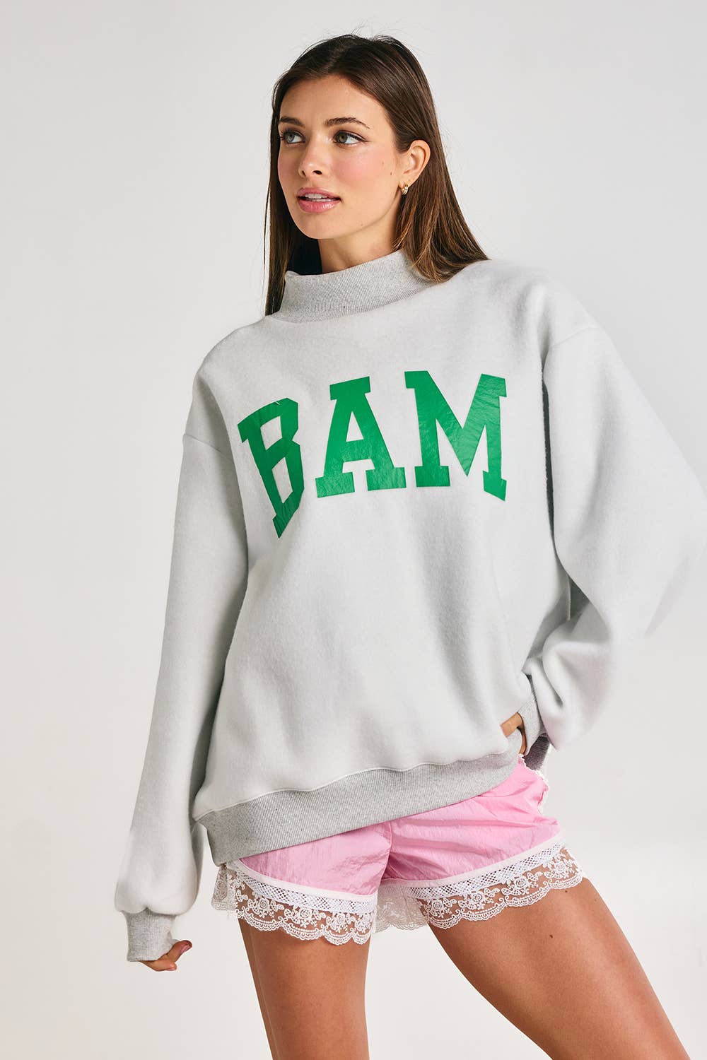 MAHJONG  Reversible "MAHJ"&"BAM" Mock Neck Sweatshirt: Ash Grey/Pink / S/M-L/XL (3-3)