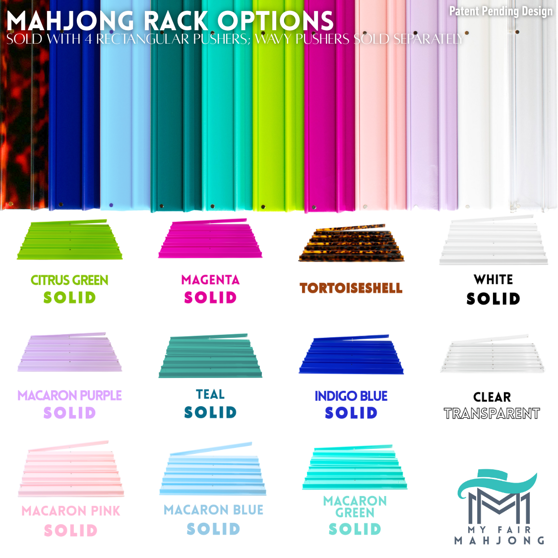 My Fair Mahjong MAHJONG RACKS | Premium Acrylic | 4 Racks + 4 Pushers: Solid Macaron Blue