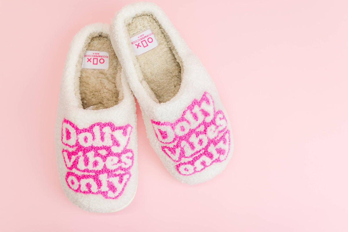 Fuzzy Plush Dolly Vibes Only Slippers in Pink: Small