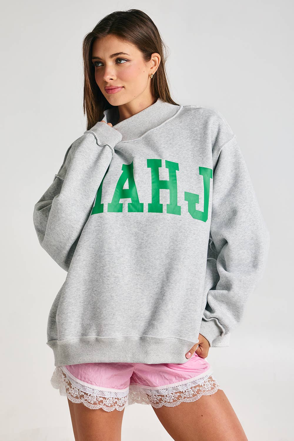 MAHJONG  Reversible "MAHJ"&"BAM" Mock Neck Sweatshirt: Ash Grey/Pink / S/M-L/XL (3-3)