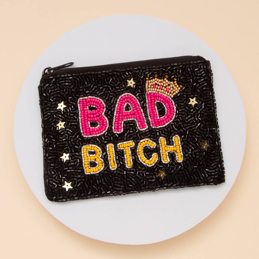 Bad Bitch Seed Beaded Coin Bag in Black with Crown and Stars