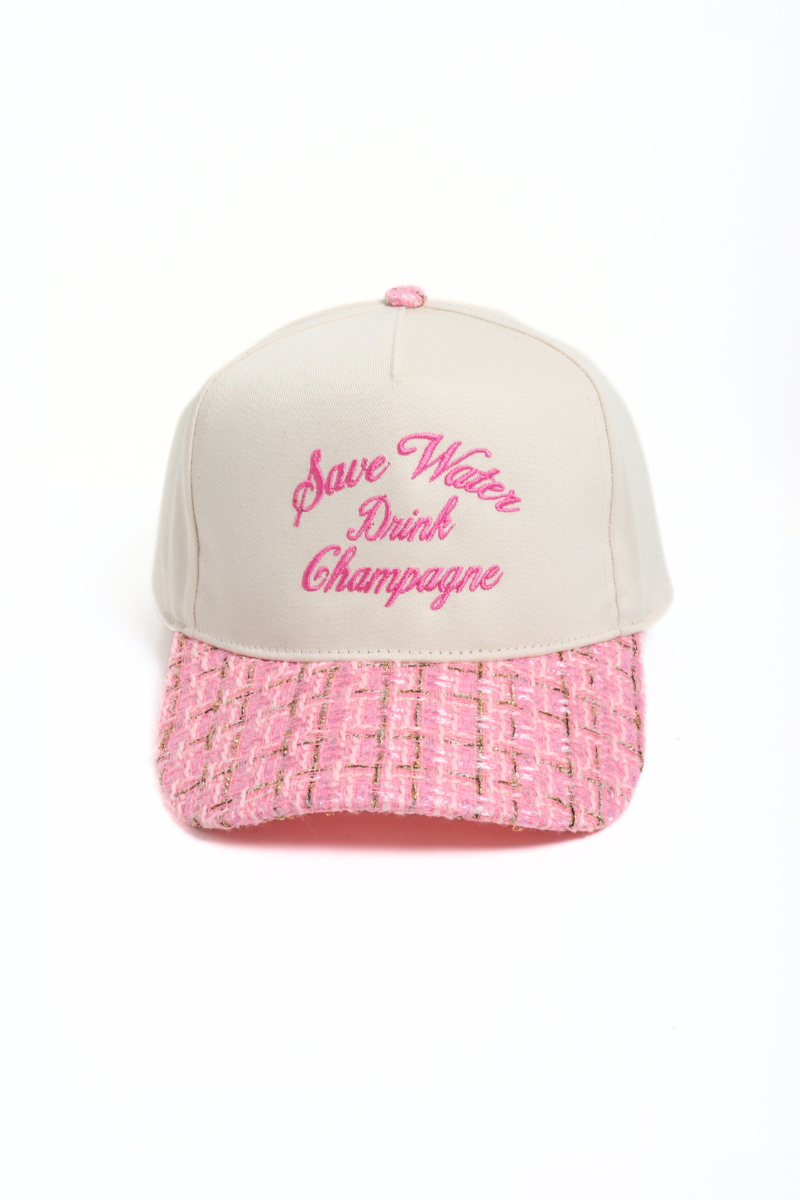 SAVE WATER DRINK CHAMPAGNE embroidered tweed brim cap: Pink