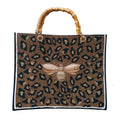HAND BEADED BEE LEOPARD BLACK HANDBAG BAMBOO HANDLE