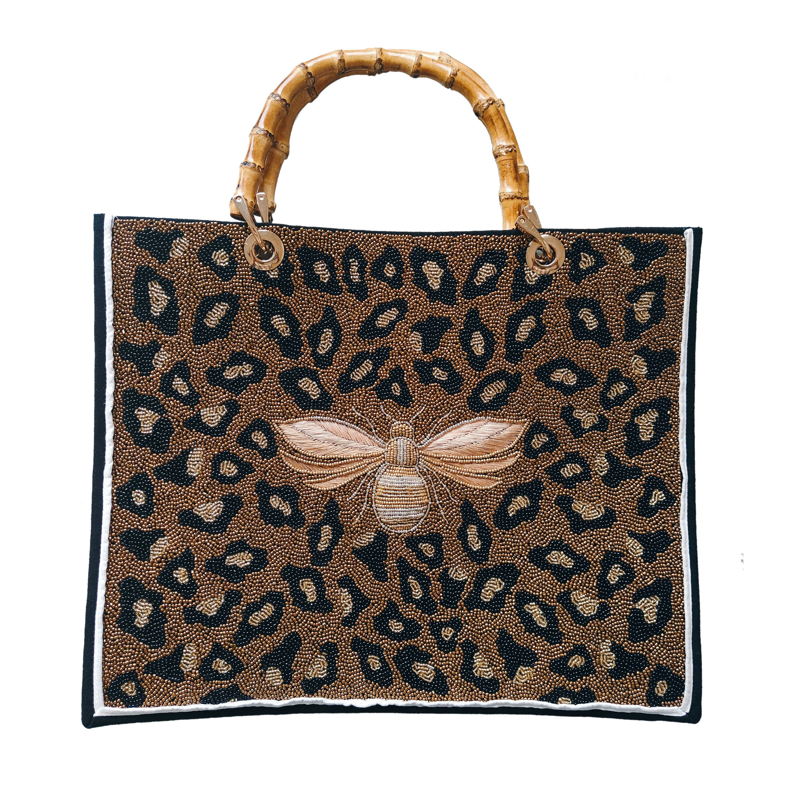 HAND BEADED BEE LEOPARD BLACK HANDBAG BAMBOO HANDLE