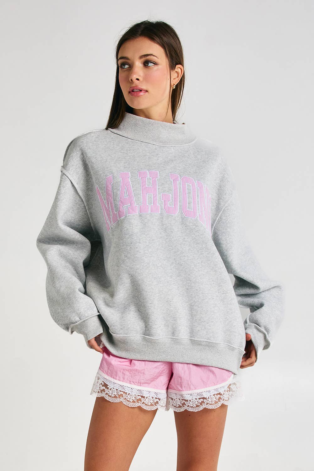 MAHJONG | Mahjong Embroidery Sweatshirt: H.GREY/BABY PINK STRIPE / S/M-L/XL (3-3)