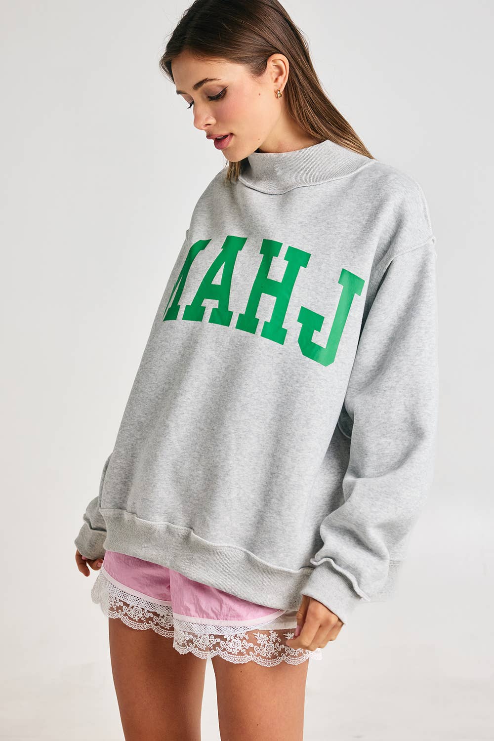 MAHJONG  Reversible "MAHJ"&"BAM" Mock Neck Sweatshirt: Ash Grey/Pink / S/M-L/XL (3-3)