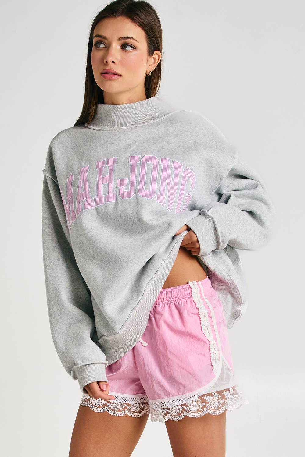 MAHJONG | Mahjong Embroidery Sweatshirt: H.GREY/BABY PINK STRIPE / S/M-L/XL (3-3)