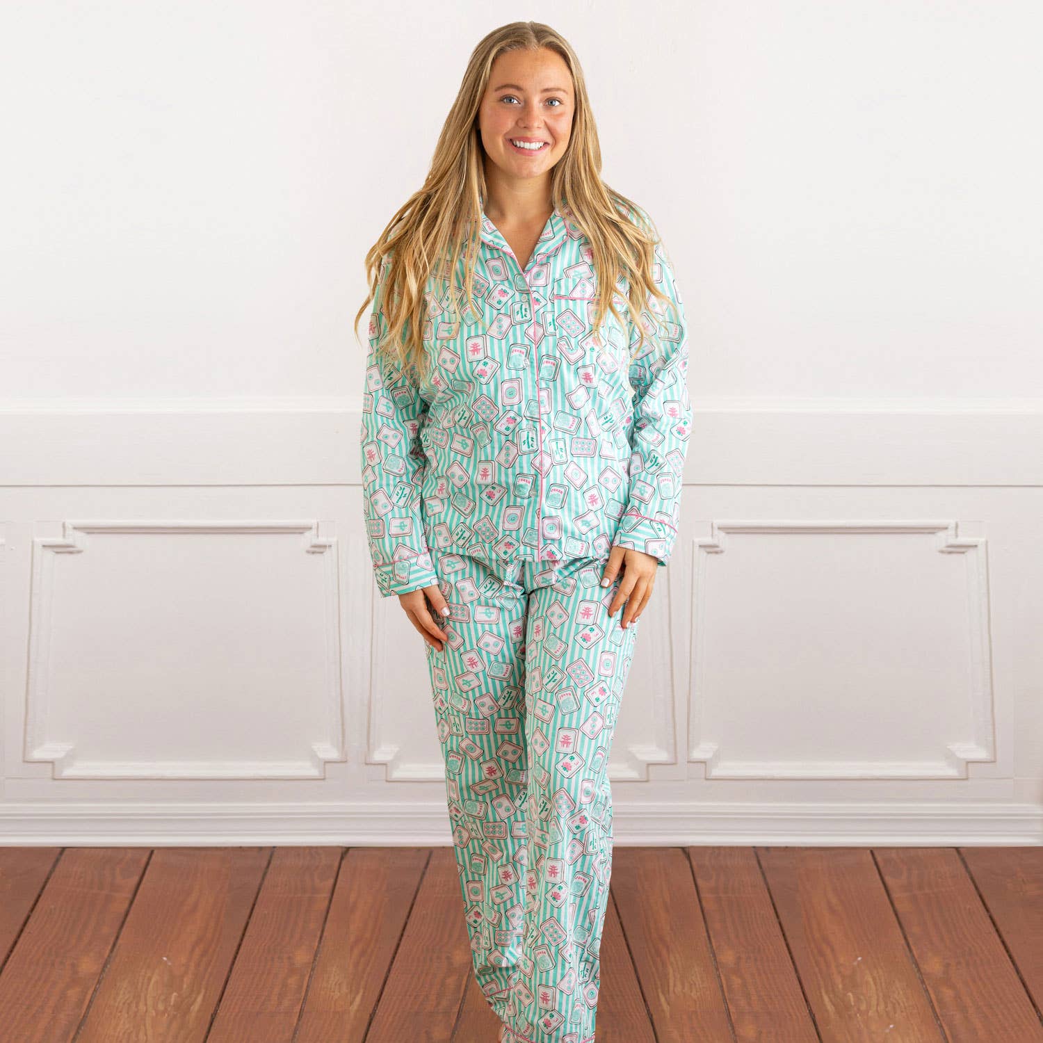 Mahjong Stripe PJ Set with Pants & Long Sleeve Top: L/XL