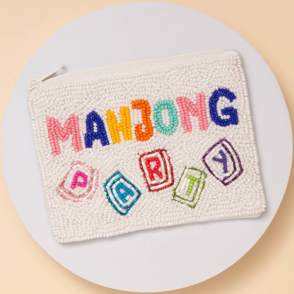 “Mahjong Party” Text Seed Beaded Zip Top Coin Bag: Black