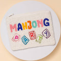 “Mahjong Party” Text Seed Beaded Zip Top Coin Bag: White