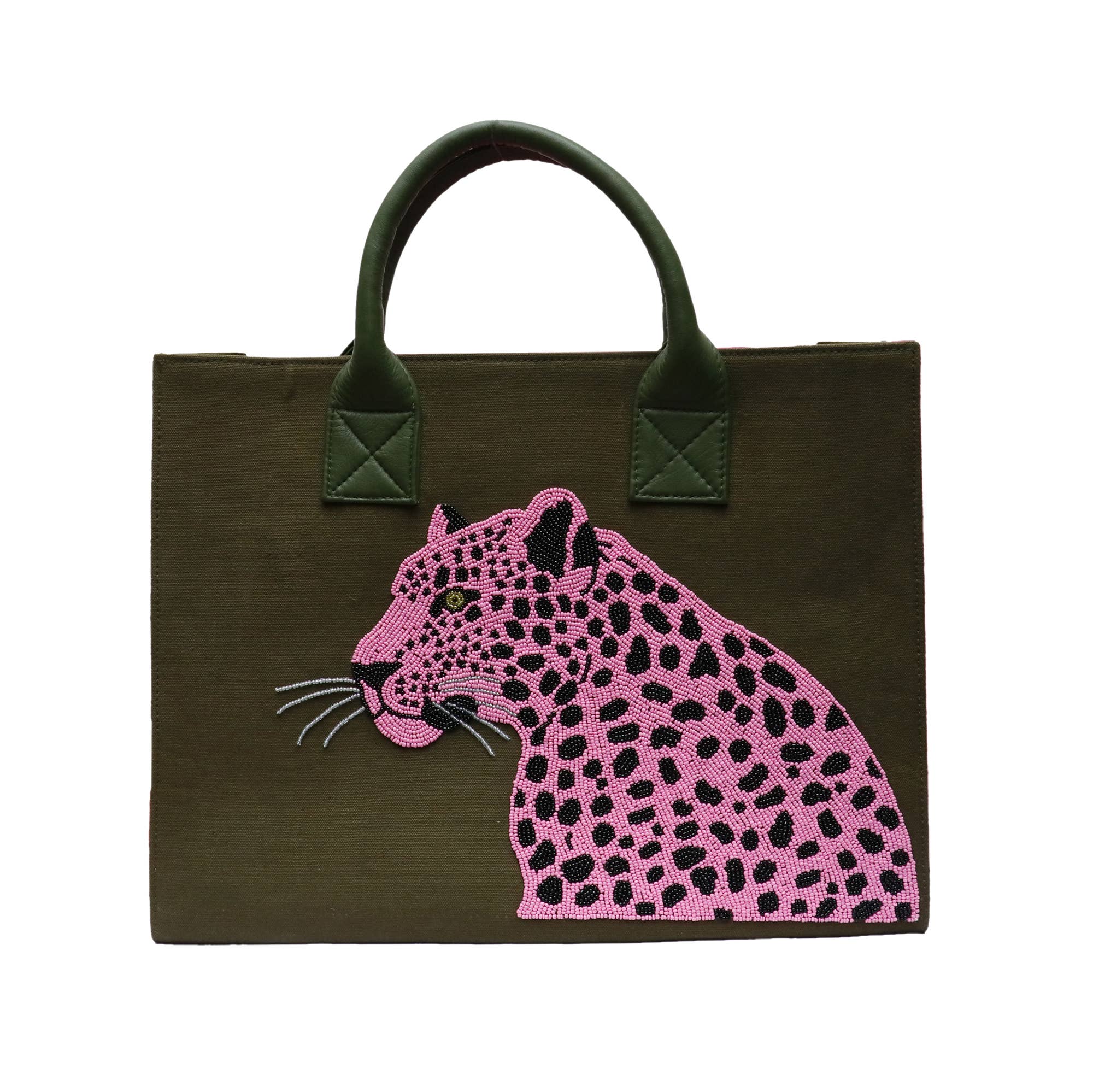 Pink Cheetah Tote Bamboo Handle - Olive/Multi - Cheetah