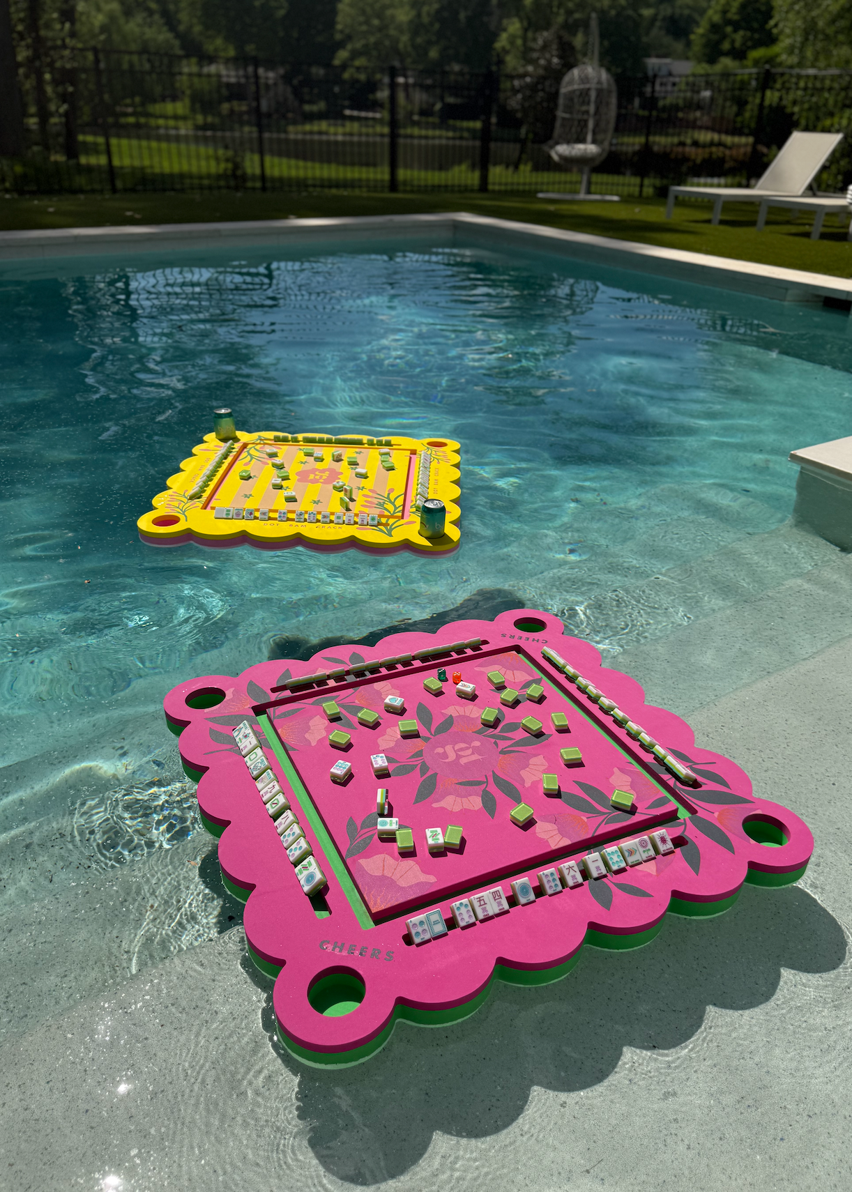 Floating Mahjong Tile Mat in Neon Floral Pink