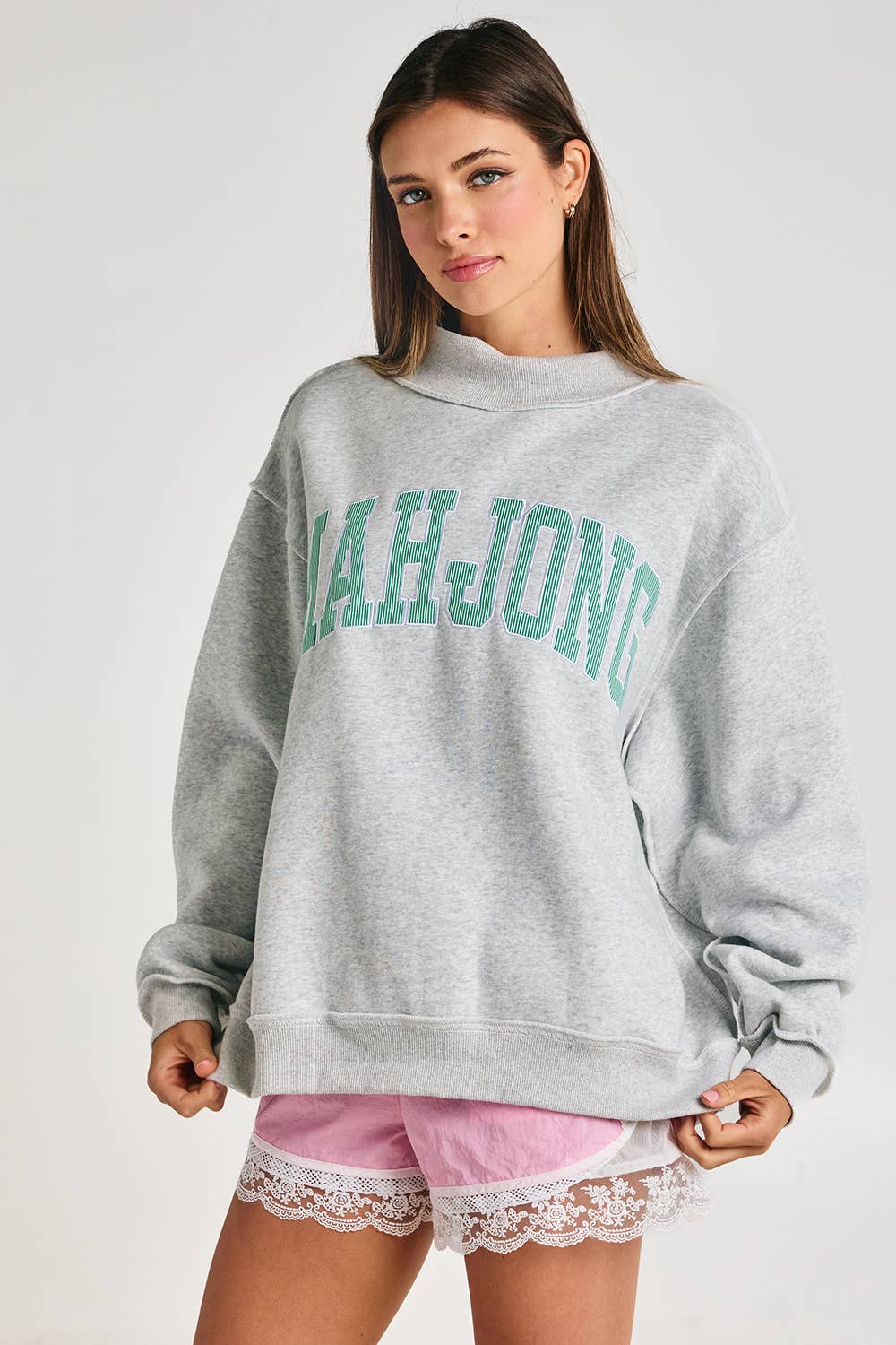 MAHJONG | Mahjong Embroidery Sweatshirt: H.GREY/BABY PINK STRIPE / S/M-L/XL (3-3)