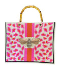 PINK ORANGE BEE LEOPARD BAMBOO HANDBAG  Ivory Fabric / Neon Hot Pink