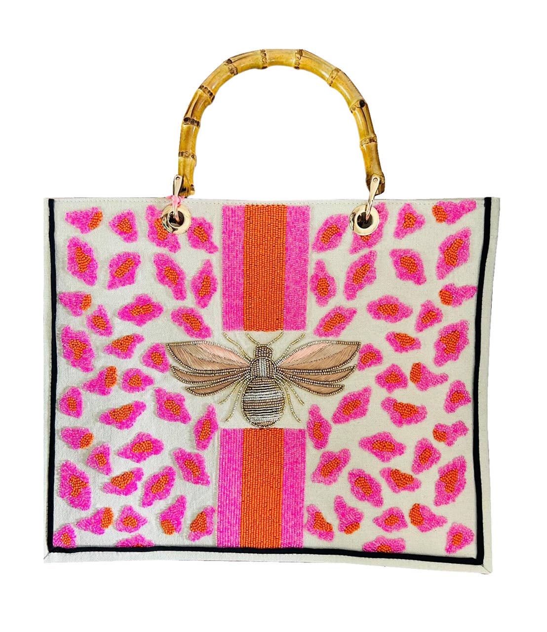 PINK ORANGE BEE LEOPARD BAMBOO HANDBAG  Ivory Fabric / Neon Hot Pink